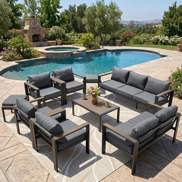 Patio Furniture Set 11 Seats and Coffee Table, 9 Pieces Patio Conversation Set with Thick Cushion, Ottomans, Deluxe Aluminum Modern outside Sectional for Porch, Balcony, Deck, Yard, Dark Gray2