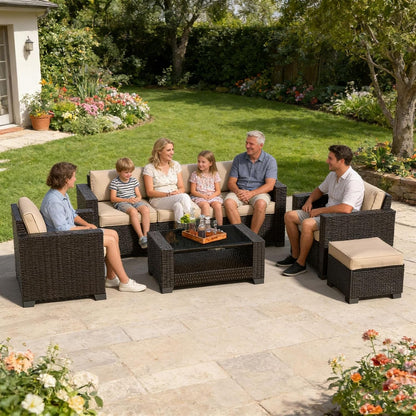 7 Piece Patio Furniture Set, Slanted Back Outdoor Sectional Sofa, Patio Conversation Sets with Cushion and Glass Table, Patio Sofa Furniture for Garden, Deck, Dark Brown Rattan & Khaki Cushions4