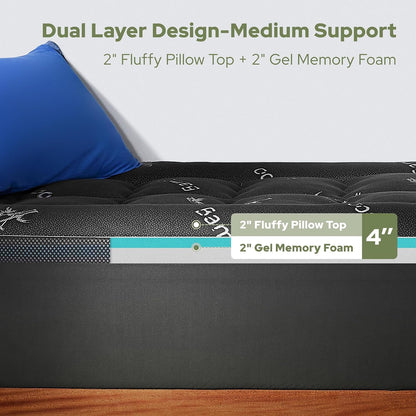 4 Inch Dual Layer Memory Foam Mattress Topper Twin XL for College Dorm Room | 2 Inch Gel Memory Foam and 2 Inch Pillow Top Mattress Pad Cover, Cooling Bamboo Viscose Mattress Topper Medium-Firm2