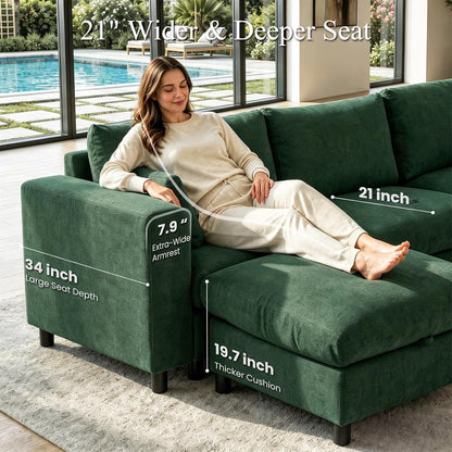 Oversized Couch Modular, V Shaped Big Comfy Couch with Ottoman Storage, Deep Seat Sectional Sofa Solid Wood Frame, Home Sofa Living Room, Office, Removable Cover, Green2