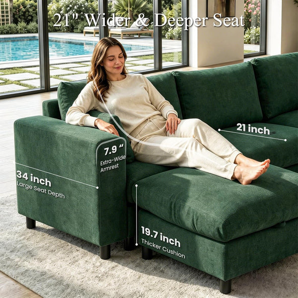 Oversized Couch Modular, V Shaped Big Comfy Couch with Ottoman Storage, Deep Seat Sectional Sofa Solid Wood Frame, Home Sofa Living Room, Office, Removable Cover, Green2