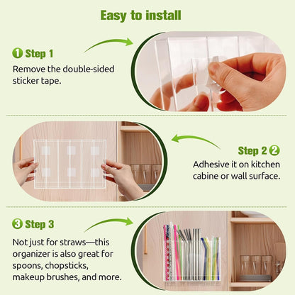9.6” Large Acrylic Straw Holder for Cabinet Door - 6 Compartments, Easy to Clean, Reusable Tumbler Straw Organizer Storage, Small Kitchen Accessories Container, Ultra Sticky Cupboard Door Mounted5