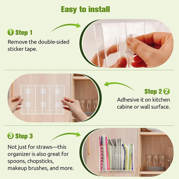9.6” Large Acrylic Straw Holder for Cabinet Door - 6 Compartments, Easy to Clean, Reusable Tumbler Straw Organizer Storage, Small Kitchen Accessories Container, Ultra Sticky Cupboard Door Mounted5