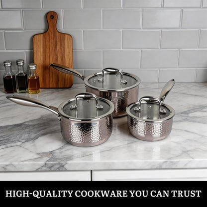 14-Piece Tri-Ply Hammered Stainless Steel Cookware Set | Multifunctional 14Pc Pots and Pans with Steamer | Non-Toxic No-Coating Nonstick | Induction & Oven-Safe up to 500°F9
