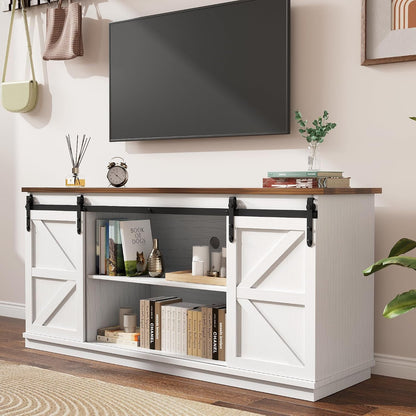 58" Farmhouse TV Stand for Tvs up to 65", Sliding Barn Doors, White | Entertainment Center, Storage Cabinets, Media Console for Living Room and Bedroom3