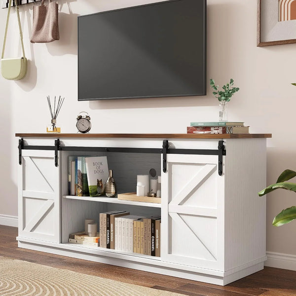58" Farmhouse TV Stand for Tvs up to 65", Sliding Barn Doors, White | Entertainment Center, Storage Cabinets, Media Console for Living Room and Bedroom3