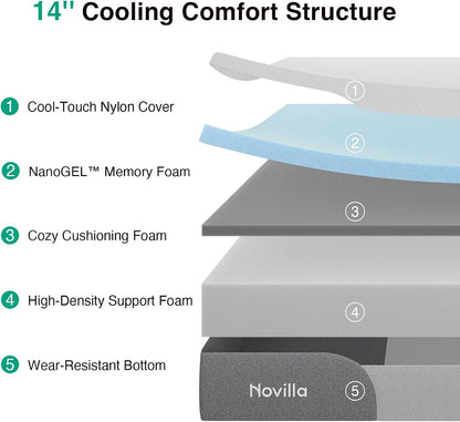 Bliss Cooling Queen Mattress, 14 Inch Gel Queen Memory Foam | Mattress in a Box with Cool-Touch Nylon Cover, Pain Relief & Spinal Support with Certipur-Us Certified Foam3