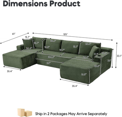 125” Cloud Boneless Couch, U-Shaped Modular Sectional Sofa, Green2