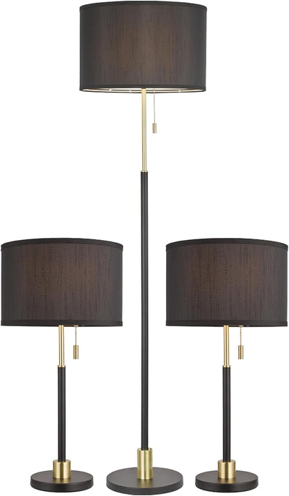 Table and Floor Lamp Set of 3 Pack Lamp Set with Black Linen Lampshade, Farmhouse Light Sets, Modern Table Lamps and Floor Lamp for Living Room, Bedroom, Nightstands, Black and Gold Splicing Finish1