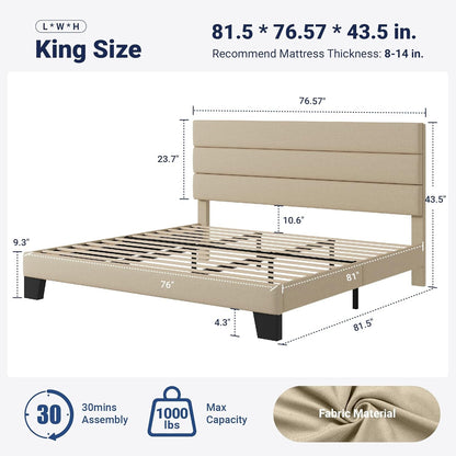 King Size Platform Bed Frame with Fabric Upholstered Headboard and Wooden Slats Support, Fully Upholstered Mattress Foundation/No Box Spring Needed/Easy Assembly, Beige2