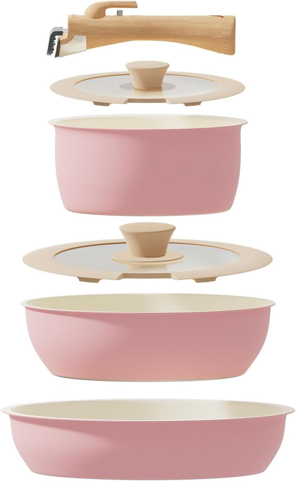 6 Pieces Kitchen Non-Stick Cookware Sets with Removable Handle, Stackable Pots and Pans Set Nonstick for Induction Gas Rvs Camping Space Saving，Pink1
