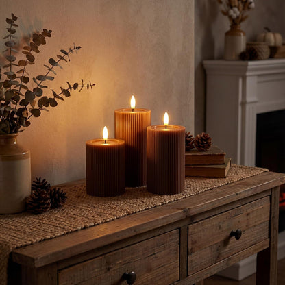 Fluted Ribbed LED Pillar Candles, Brown, with Reflective Melted-Wax Effect – Flickering Flame, Remote, Dimmable, Flameless, Battery Operated, Home & Wedding Decor (Set of 3)3