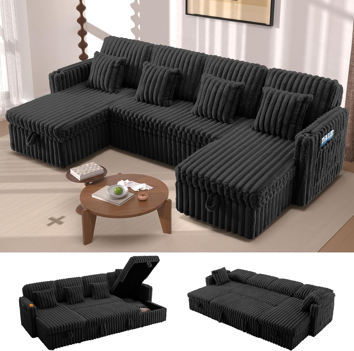 107-sectional-sleeper-sofa-with-pull-out-bed-storage-chaise-adjustable-backrest-usb-charger-cup-holder-side-pocket-fluffy-soft-corduroy-u-shaped-couch-for-living-room-black