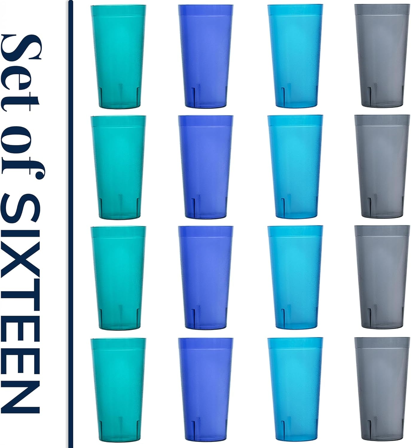 cafe-plastic-reusable-tumblers-set-of-16-20-ounce-water-cups-coastal-colors-restaurant-style-drinking-glasses-value-set-stackable-bpa-free-made-in-the-usa-top-rack-dishwasher-safe