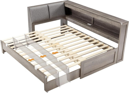 Twin Daybed with Wood Trundle and Storage Bookcase Headboard, Gray8