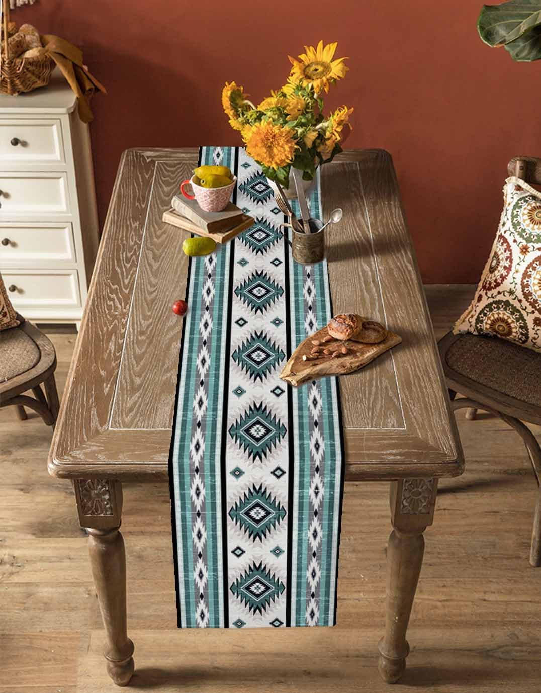 turquoise-aztec-table-runner-36-inches-long-for-dining-decor-southwestern-native-american-indian-print-burlap-linen-farmhouse-table-runner-washable-coffee-tablerunners-dresser-scarf-for-kitchen-party