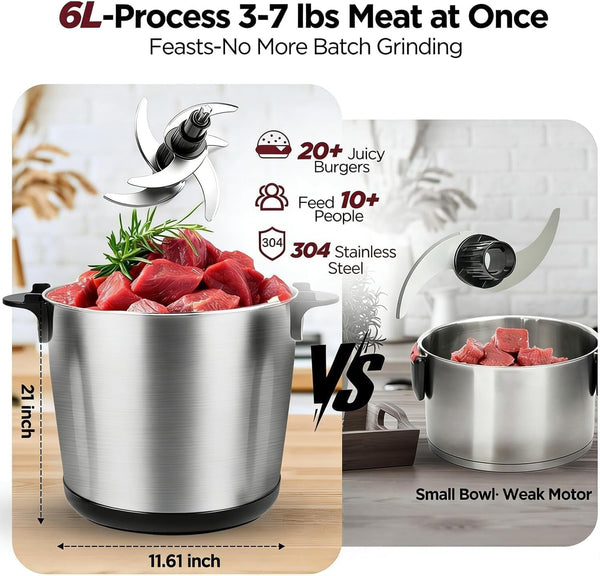 6L Electric Meat Grinder & Food Processor, 1200W Stainless Steel Meat Chopper with 6 Sharp Blades, 2-Speed Large Capacity Food Chopper for Beef, Chicken, Fish, Vegetables & Meal Prep2