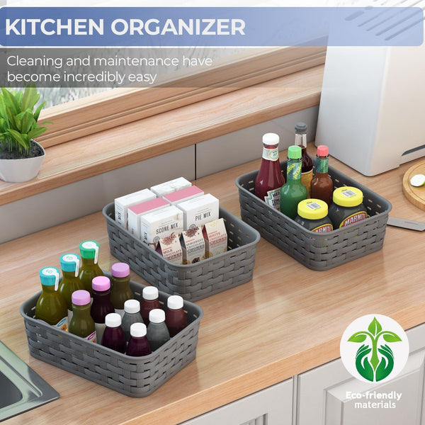 3 Pack Small Plastic Basket, Storage Bin Baskets for Organizing, Pantry Organizer Household Wicker Storage for Laundry Room, Bedrooms, Kitchens, Cabinets, Countertops, Dark Gray4