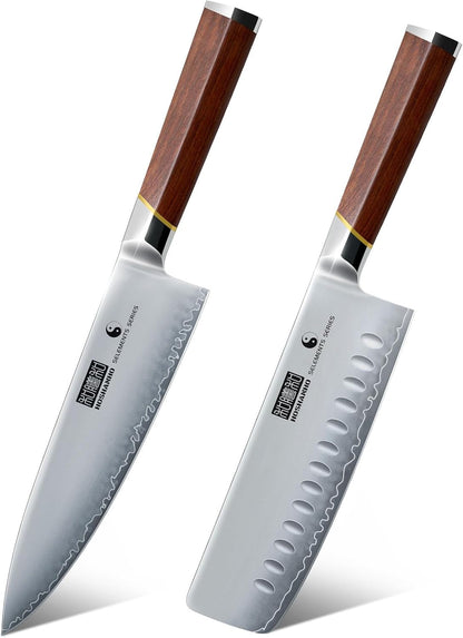 8 Inch Chef Knife & 7 Inch Nakiri Knife, Multipurpose Meat Vegetable Sharp Kitchen Knife with Ergonomic Red Sandal Woodhandle1