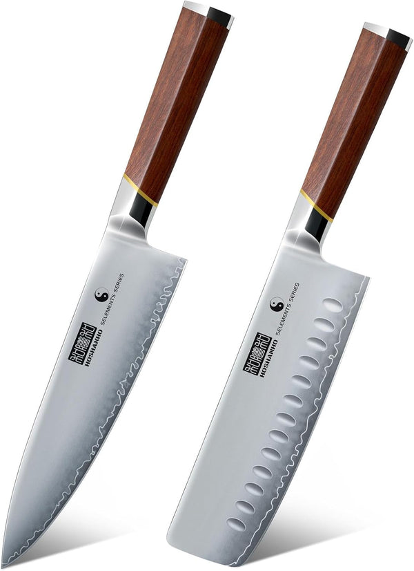 8 Inch Chef Knife & 7 Inch Nakiri Knife, Multipurpose Meat Vegetable Sharp Kitchen Knife with Ergonomic Red Sandal Woodhandle1