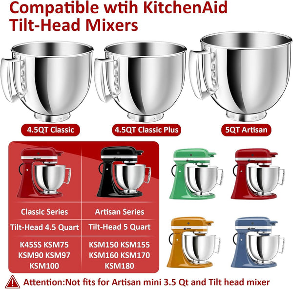 5QT Stainless Steel Mixer Bowl Compatible with Kitchenaid Bowls for Mixer, Artisan&Classic Series 4.5-5QT Tilt-Head Mixers, Kitchen Gadgets Mixer Bowl with Handle,Metal Bowl for Kitchen Mixing Bowl3