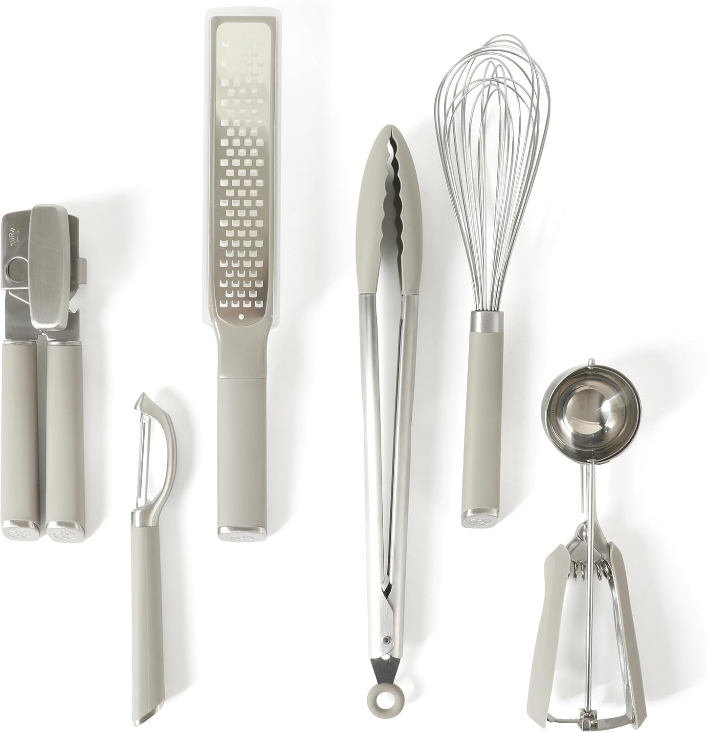 calphalon-edge-6-piece-stainless-steel-kitchen-tool-gadget-set-kitchen-utensil-set-with-silicone-accent-can-opener-straight-peeler-grater-tongs-balloon-whisk-and-scoop-taupe