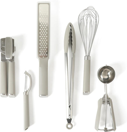 Calphalon Edge 6-Piece Stainless Steel Kitchen Tool & Gadget Set, Kitchen Utensil Set with Silicone Accent, Can Opener, Straight Peeler, Grater, Tongs, Balloon Whisk and Scoop (Taupe)1