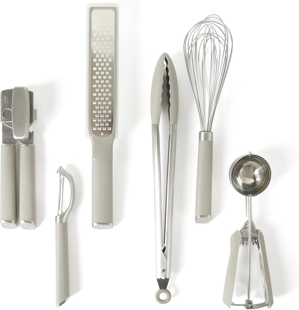 Calphalon Edge 6-Piece Stainless Steel Kitchen Tool & Gadget Set, Kitchen Utensil Set with Silicone Accent, Can Opener, Straight Peeler, Grater, Tongs, Balloon Whisk and Scoop (Taupe)1