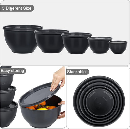 Plastic Mixing Bowls with Lids Set for Kitchen, 5 Set Nesting Bowls for Mixing, Baking, Prepping, Cooking and Serving Food, Mixing Bowls Dishwasher, Microwave Safe5