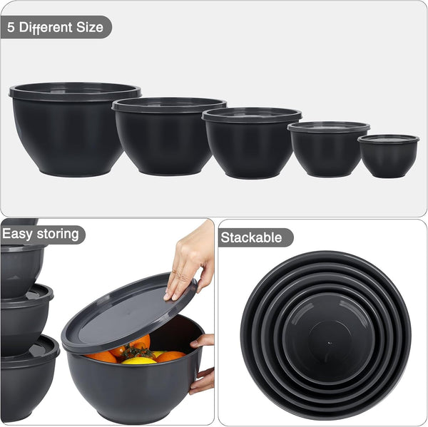 Plastic Mixing Bowls with Lids Set for Kitchen, 5 Set Nesting Bowls for Mixing, Baking, Prepping, Cooking and Serving Food, Mixing Bowls Dishwasher, Microwave Safe5