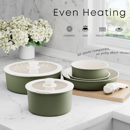 Detachable Nonstick Cookware Set - Stackable Induction Pots and Pans with Removable Handles, Dishwasher Safe - for RV Camping, Oven and Stovetop Use, 5 Pieces (Green)5