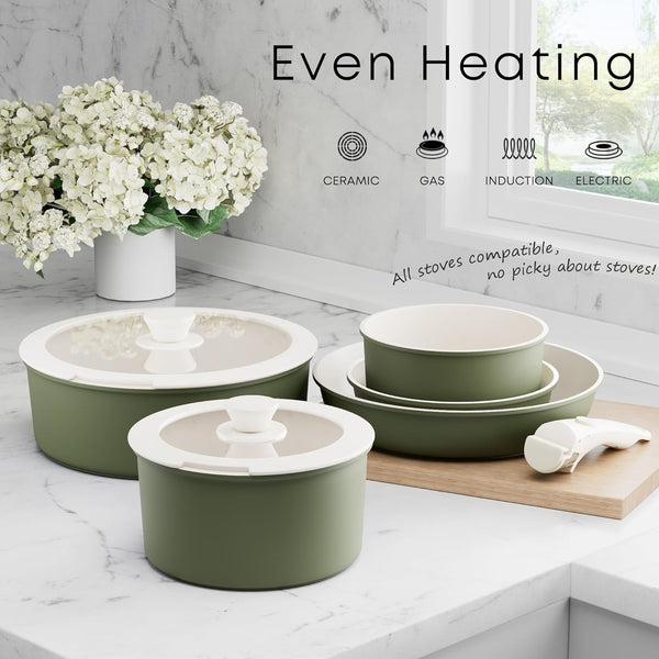 Detachable Nonstick Cookware Set - Stackable Induction Pots and Pans with Removable Handles, Dishwasher Safe - for RV Camping, Oven and Stovetop Use, 5 Pieces (Green)5