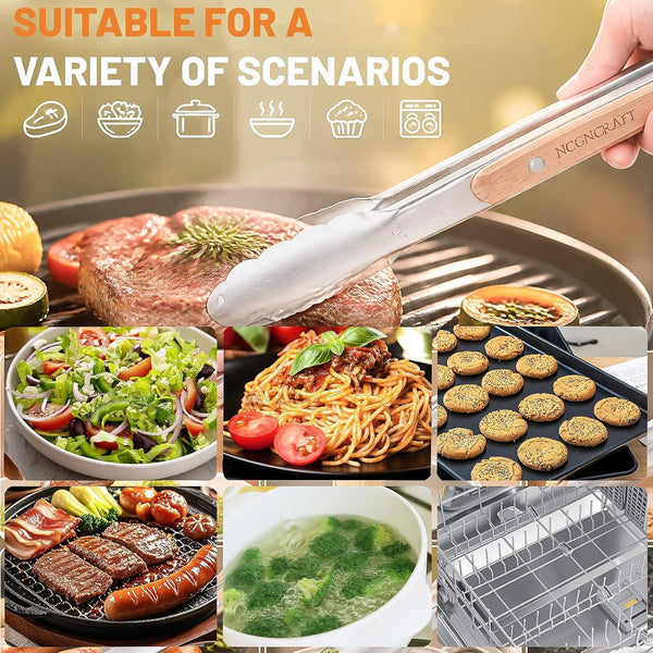 9+12 Inch Stainless Steel Kitchen Tongs for Cooking with Wood Handle, Set of 27