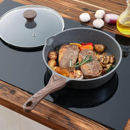 Nonstick Skillet, Deep Frying Pan 10/11/12-Inch, Saute Pan with Lid, Stay-Cool Handle, Healthy Stone Cookware Cooking Pan, Induction Compatible (10-Inch/3.5Qt)8