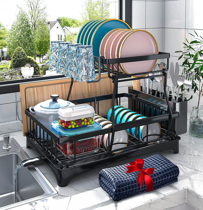 2-Tier Dish Drying Rack - Dish Rack with Auto Drain-To-Sink & Mat1
