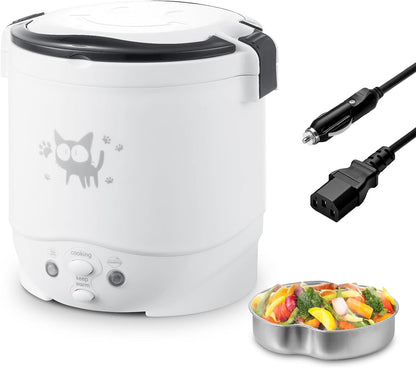 12V Rice Cooker for Car 1L Mini Rice Cooker with Steamer, White | 2Cup Portable Travel Rice Cooker for 1-2 People, Cooking Heating & Auto Keeping Warm Function, Used as an Electric Lunch Box1