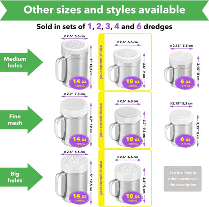 [Set of 3] 10Oz Stainless Steel Dredges with Handle - Fine Mesh + Medium Holes + Large Holes (For Coarse Seasonings)6