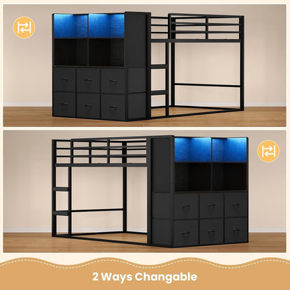 Low Twin over Twin Bunk Bed with 6 Storage Drawers, LED Lights6