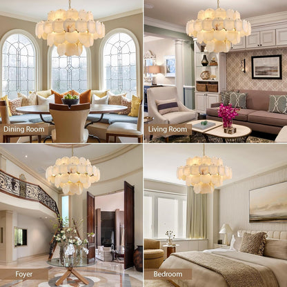 31.5" Alabaster Chandelier, Gold round Large Chandelier with Natural Stone Discs, Modern Luxury Dining Room Pendant Light Fixture for Living Room, Bedroom, Foyer3
