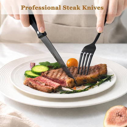 24-Piece Black Silverware Set with Steak Knives Flatware Set for 4 Food-Grade Stainless Steel Cutlery Set Mirror Polished Utensils Set Include Spoons and Forks for Home Kitchen Restaurant5