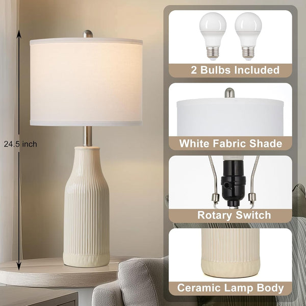 24.5" Ceramic Table Lamps Set of 2, Modern Farmhouse Bedside Lamps for Bedroom Nightstand, Small Table Lamp for Living Room End Table, Beige (2 LED Bulbs Included)3