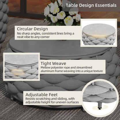 Gray round Patio Coffee Table Aluminum Woven Rope Outdoor Table6