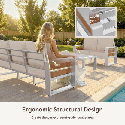 Aluminum Patio Furniture Set, 7 Seats Luxury Metal Patio Conversation Sets with Coffee Table, Thick Cushions and Waterproof Cover, Sectional Outdoor Furniture Set for Backyard/Poolside, Beige5