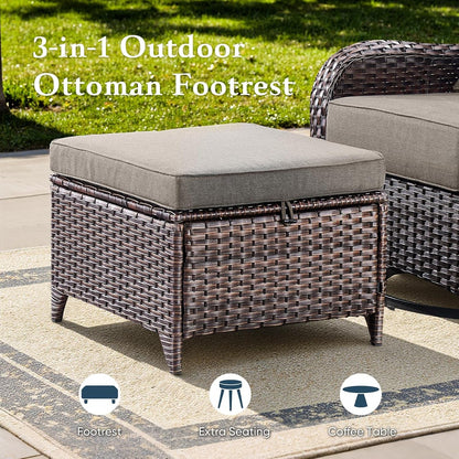 Luxury 6" Thick Cushioned 10 Pieces Patio Furniture Set with Fire Pit Table, Wicker Outdoor Conversation Set with High Back Swivel Rocker Chairs for Deck Porch Yard and Poolside - Brown+Grey9