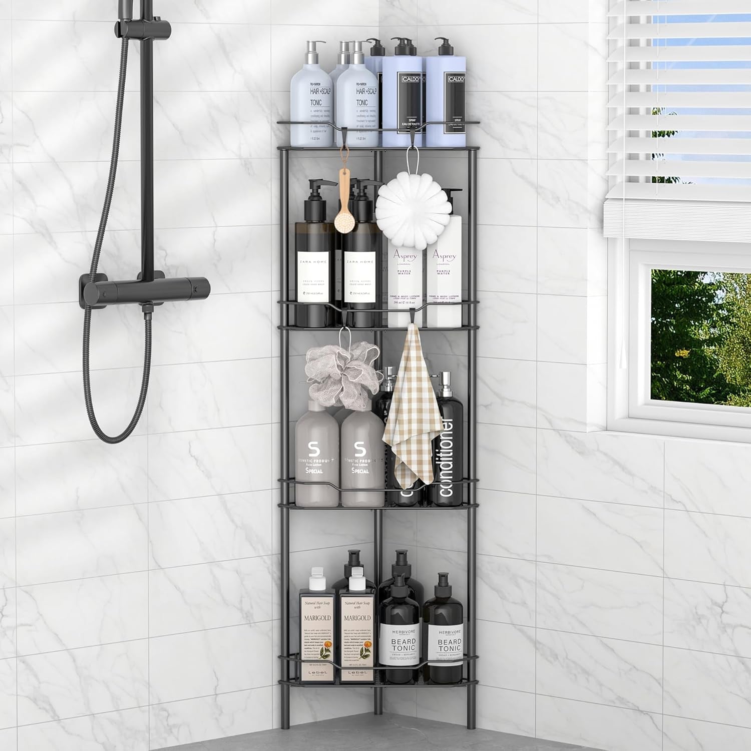 4-tier-floor-standing-corner-shower-caddy-organizer-shelf-with-hooks-bathroom-shelves-stand-rack-black