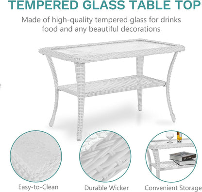 5 Pieces Outdoor Patio Rattan Furniture Sets, All Weather Patio Wicker Conversation Set - 2 Rocking Swivel Chairs 1 Rattan Loveseat Glider with Cushions, 2 Coffee Table, White Wicker/Navy7