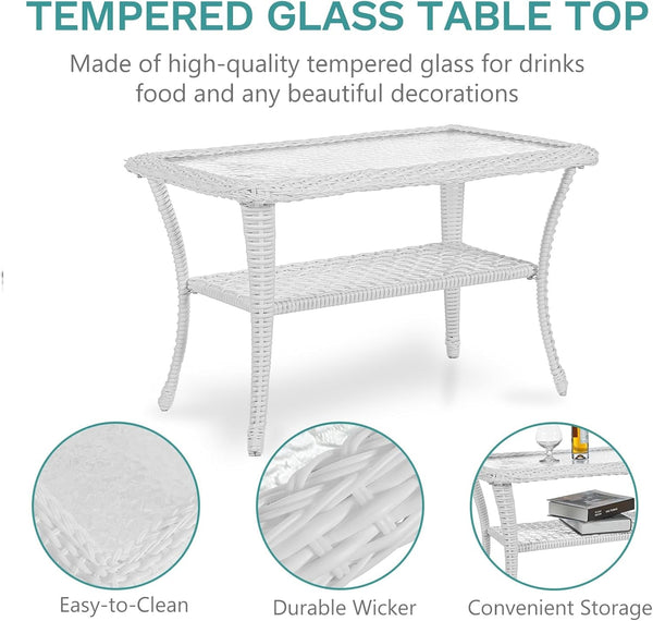 5 Pieces Outdoor Patio Rattan Furniture Sets, All Weather Patio Wicker Conversation Set - 2 Rocking Swivel Chairs 1 Rattan Loveseat Glider with Cushions, 2 Coffee Table, White Wicker/Navy7