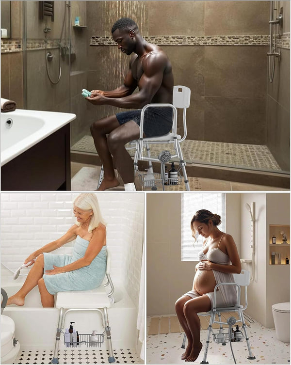 Rustproof Hanging Shower Caddy for Shower Chair, Stainless Steel Bathroom Basket for Bathroom Chair Bench, Showers Chair Caddy, Shampoo Bottle Holder for Elderly, Pregnant, Handicap, Patient7