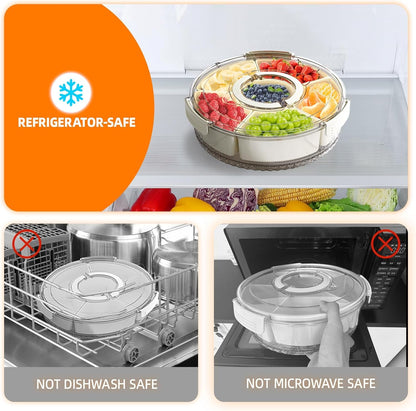 Divided Serving Tray with Lid and Handle, Stackable Snackle Box Container for Fruits Candy Organizer, Portable Spinning Rounded Veggie Tray for Kitchen, Party, Trave and Picnic-1 PACK6