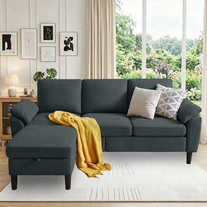 80" Convertible Sectional Couch with Ottoman, 3 Seater L Shaped Couch Sofa with Storage Chaise, Removable Armrest Cushions, Linen Modern Small Couches for Living Room, Apartment, Dark Grey7